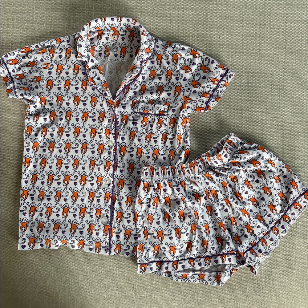 Roller Rabbit Lovely Monkey Polo Pajama Set in Orange/Purple/White size XXS
